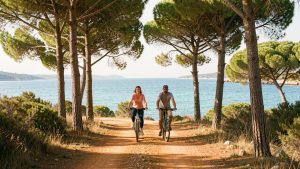 Trois cyclistes roulent sur une piste ocre bordée de pins à Porquerolles, avec la mer turquoise visible entre les arbres sous une douce lumière printanière.