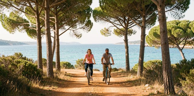 Trois cyclistes roulent sur une piste ocre bordée de pins à Porquerolles, avec la mer turquoise visible entre les arbres sous une douce lumière printanière.