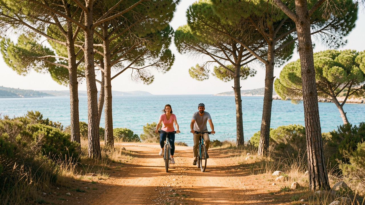 Trois cyclistes roulent sur une piste ocre bordée de pins à Porquerolles, avec la mer turquoise visible entre les arbres sous une douce lumière printanière.