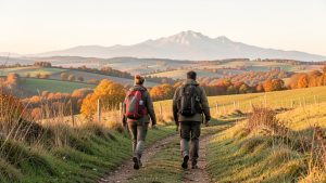 Deux randonneurs marchent sur un sentier herbeux près de Laroque-d’Olmes, avec les collines du Plantaurel et le massif de Tabe à l’horizon dans la lumière matinale d’automne.