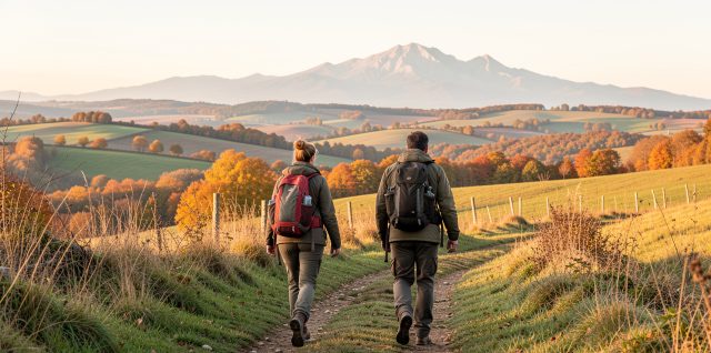 Deux randonneurs marchent sur un sentier herbeux près de Laroque-d’Olmes, avec les collines du Plantaurel et le massif de Tabe à l’horizon dans la lumière matinale d’automne.