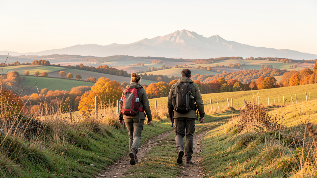 Deux randonneurs marchent sur un sentier herbeux près de Laroque-d’Olmes, avec les collines du Plantaurel et le massif de Tabe à l’horizon dans la lumière matinale d’automne.