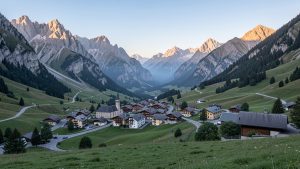 Vue panoramique de Saint-Christophe-en-Oisans au petit matin, dans la vallée du Vénéon, avec les sommets rocheux des Écrins en arrière-plan et une lumière douce.