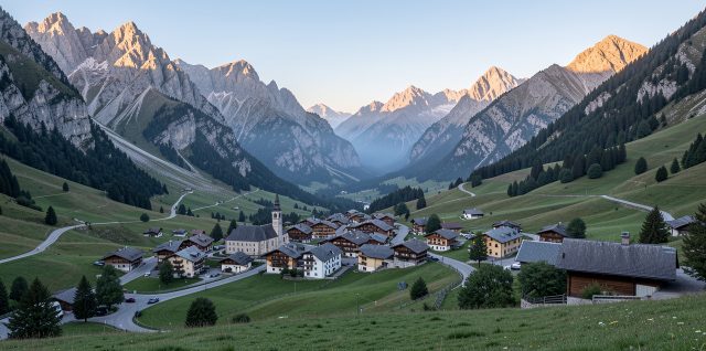 Vue panoramique de Saint-Christophe-en-Oisans au petit matin, dans la vallée du Vénéon, avec les sommets rocheux des Écrins en arrière-plan et une lumière douce.