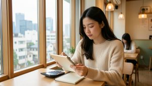Une jeune voyageuse consulte son budget dans un café coréen chaleureux, avec la skyline moderne de Séoul visible en arrière-plan sous une lumière douce.