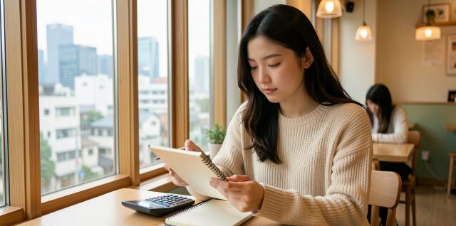 Une jeune voyageuse consulte son budget dans un café coréen chaleureux, avec la skyline moderne de Séoul visible en arrière-plan sous une lumière douce.