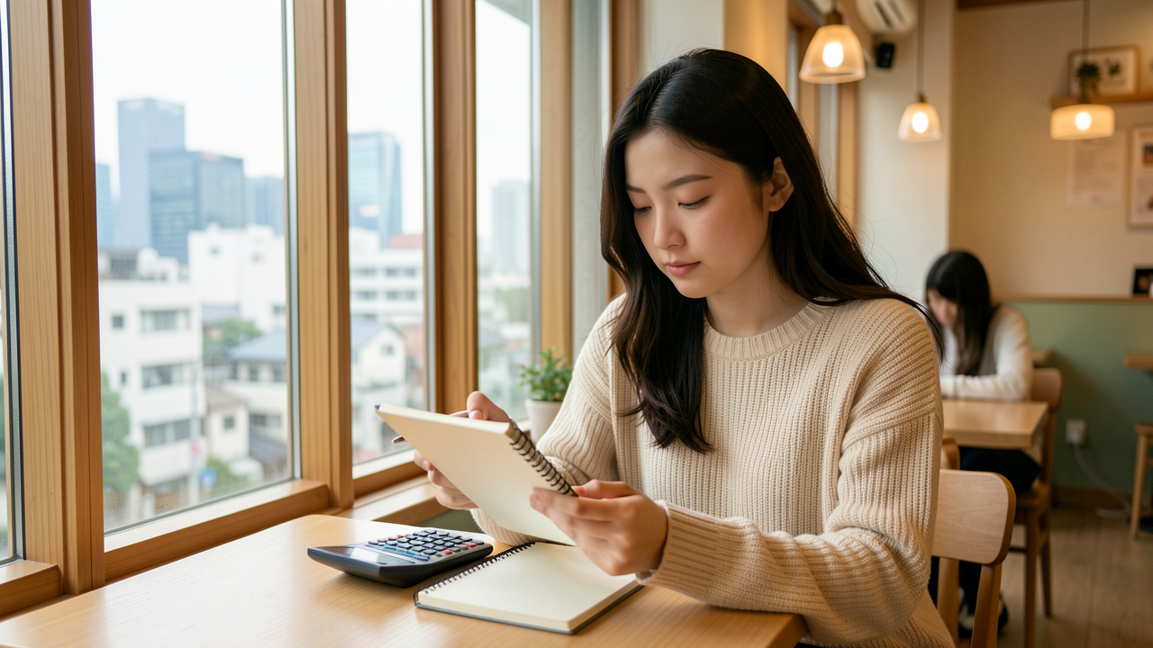 Une jeune voyageuse consulte son budget dans un café coréen chaleureux, avec la skyline moderne de Séoul visible en arrière-plan sous une lumière douce.