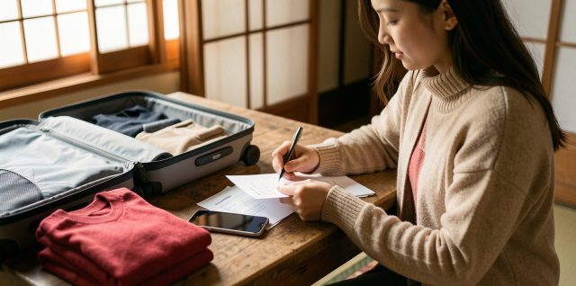 Une jeune voyageuse prépare des documents de voyage sans inscription visible, un téléphone et une valise ouverte sur une table dans une ambiance d’Asie de l’Est.