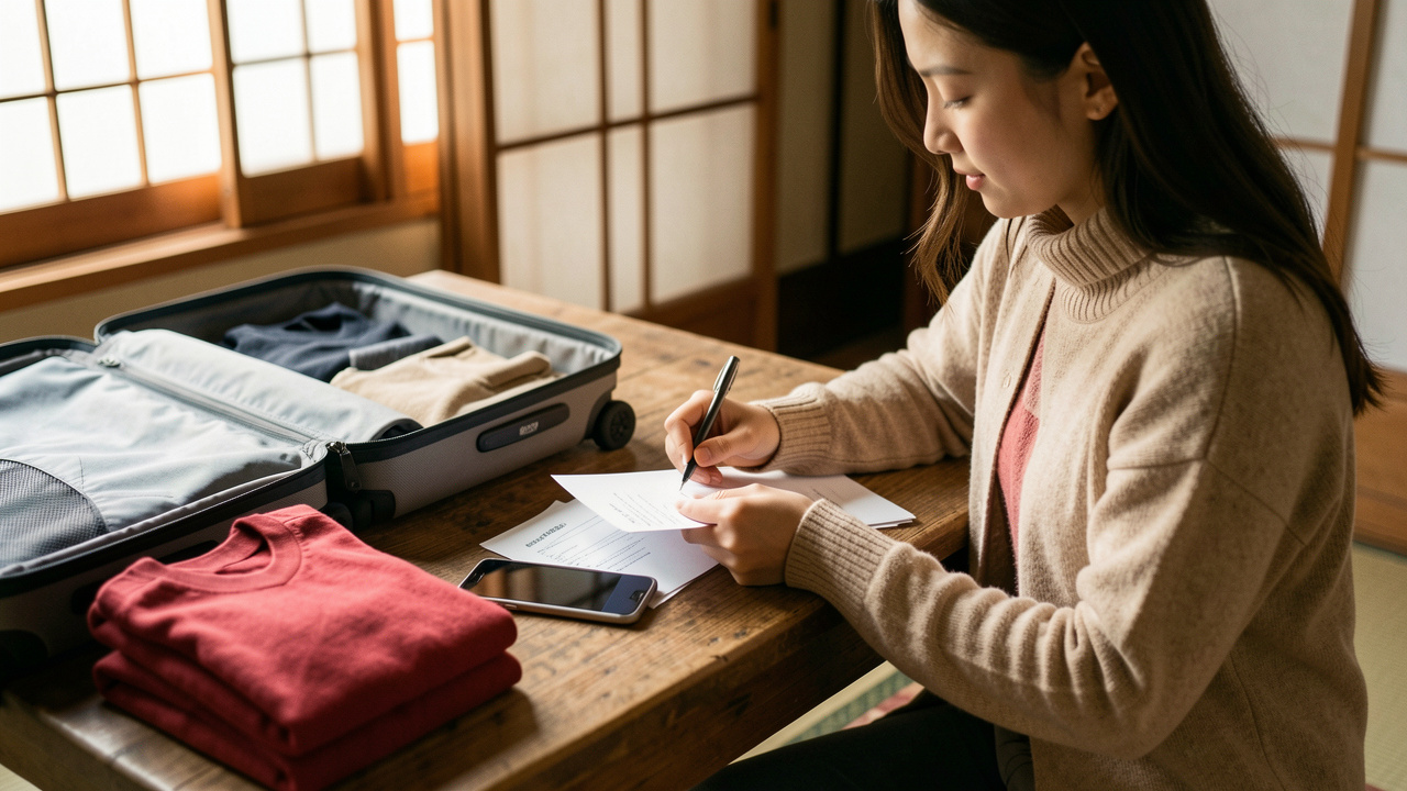 Une jeune voyageuse prépare des documents de voyage sans inscription visible, un téléphone et une valise ouverte sur une table dans une ambiance d’Asie de l’Est.