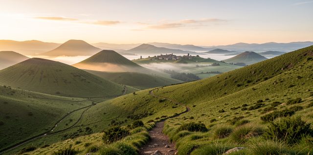 Vue panoramique de la Haute-Loire au lever du jour, avec des sucs volcaniques verdoyants, un chemin de randonnée et un village de pierre à l’horizon.