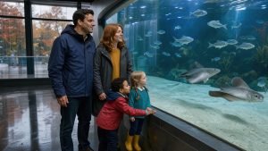 Une famille composée d’un homme, d’une femme, d’un jeune garçon et d’une jeune fille découvre un grand bassin marin dans un aquarium, baigné d’une lumière bleutée, tandis qu’un temps automnal pluvieux est visible par les fenêtres.