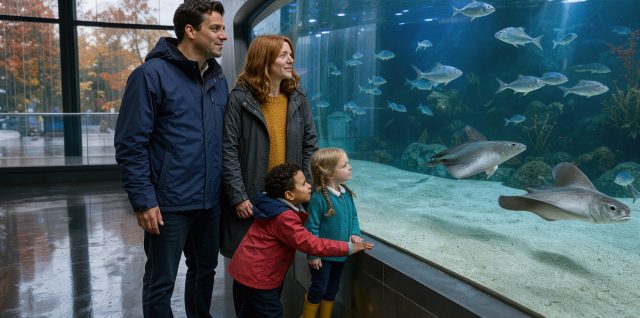 Une famille composée d’un homme, d’une femme, d’un jeune garçon et d’une jeune fille découvre un grand bassin marin dans un aquarium, baigné d’une lumière bleutée, tandis qu’un temps automnal pluvieux est visible par les fenêtres.
